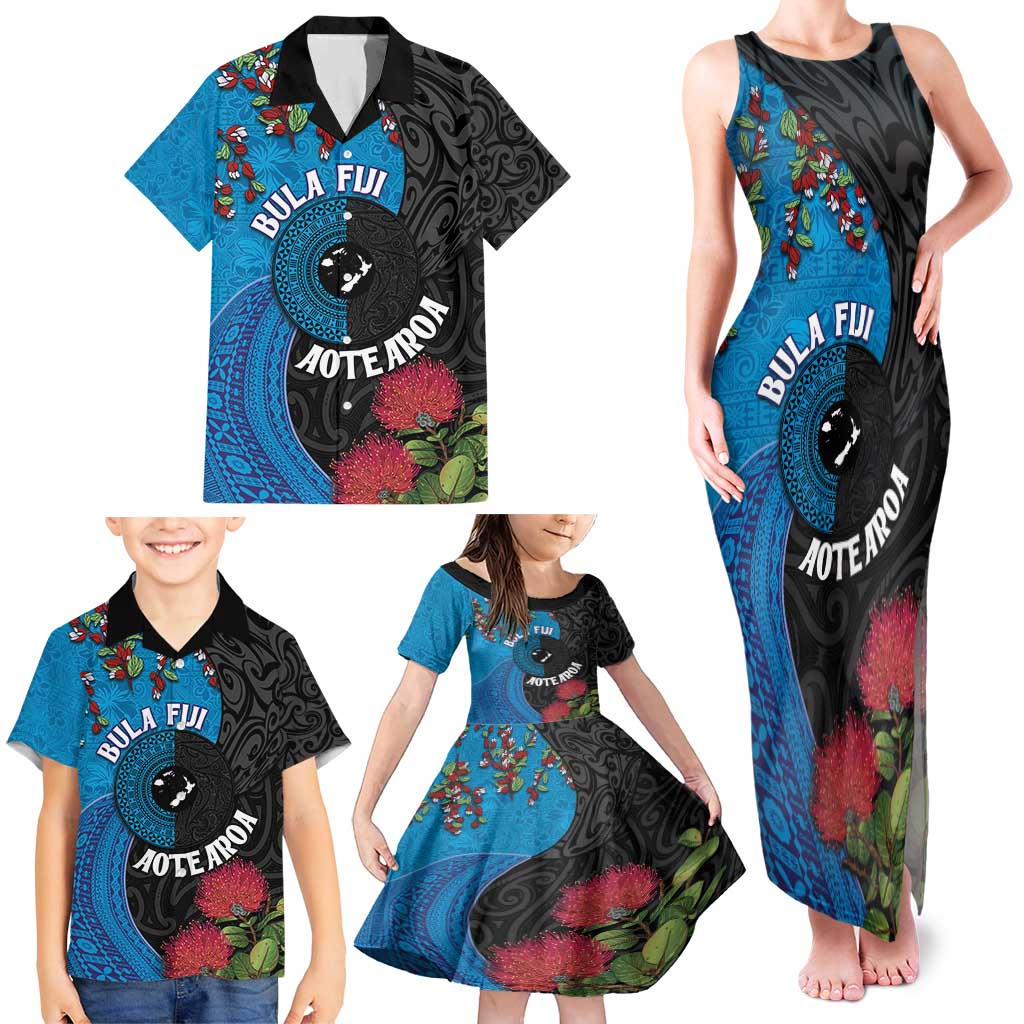 Fiji and New Zealand Together Family Matching Tank Maxi Dress and Hawaiian Shirt Tapa Maori Tattoo mix Tagimoucia and Pohutukawa LT03 - Polynesian Pride