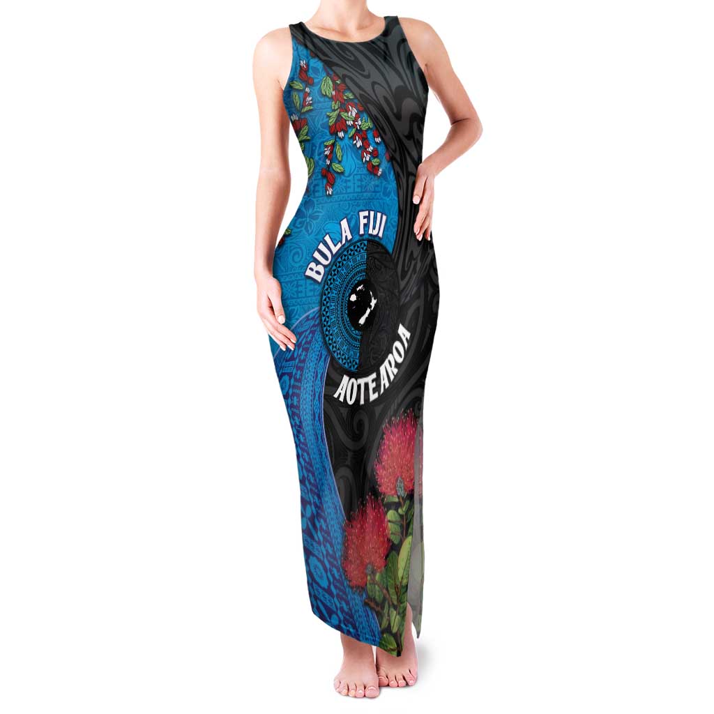 Fiji and New Zealand Together Family Matching Tank Maxi Dress and Hawaiian Shirt Tapa Maori Tattoo mix Tagimoucia and Pohutukawa LT03 Mom's Dress Black - Polynesian Pride