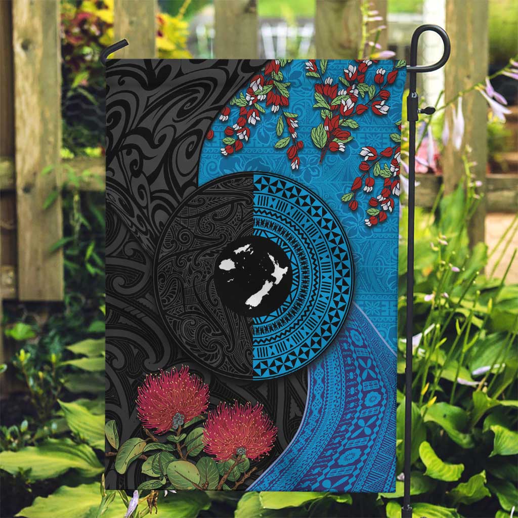 Fiji and New Zealand Together Garden Flag Tapa Maori Tattoo mix Tagimoucia and Pohutukawa LT03 Garden Flag Black - Polynesian Pride