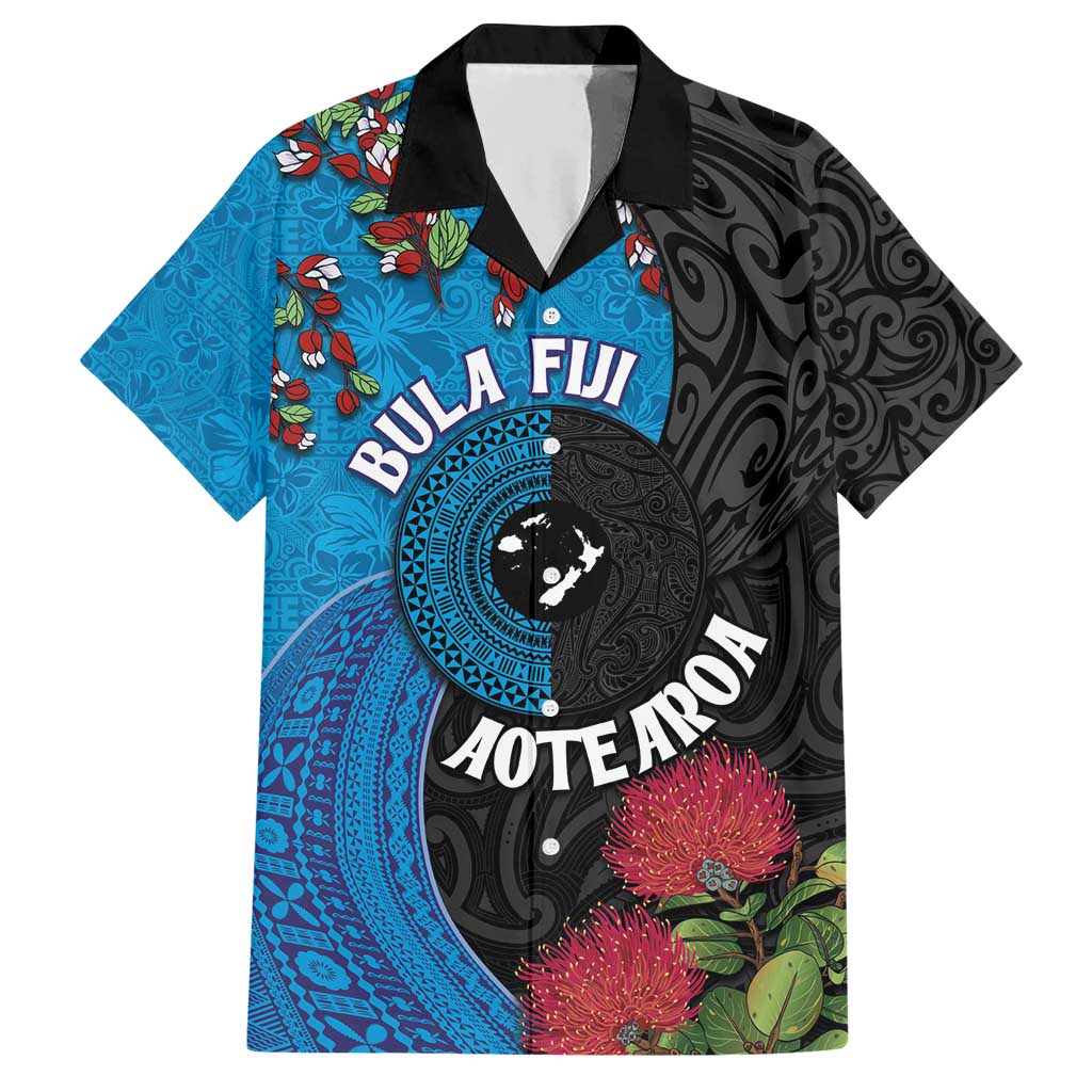 Fiji and New Zealand Together Hawaiian Shirt Tapa Maori Tattoo mix Tagimoucia and Pohutukawa LT03 Black - Polynesian Pride