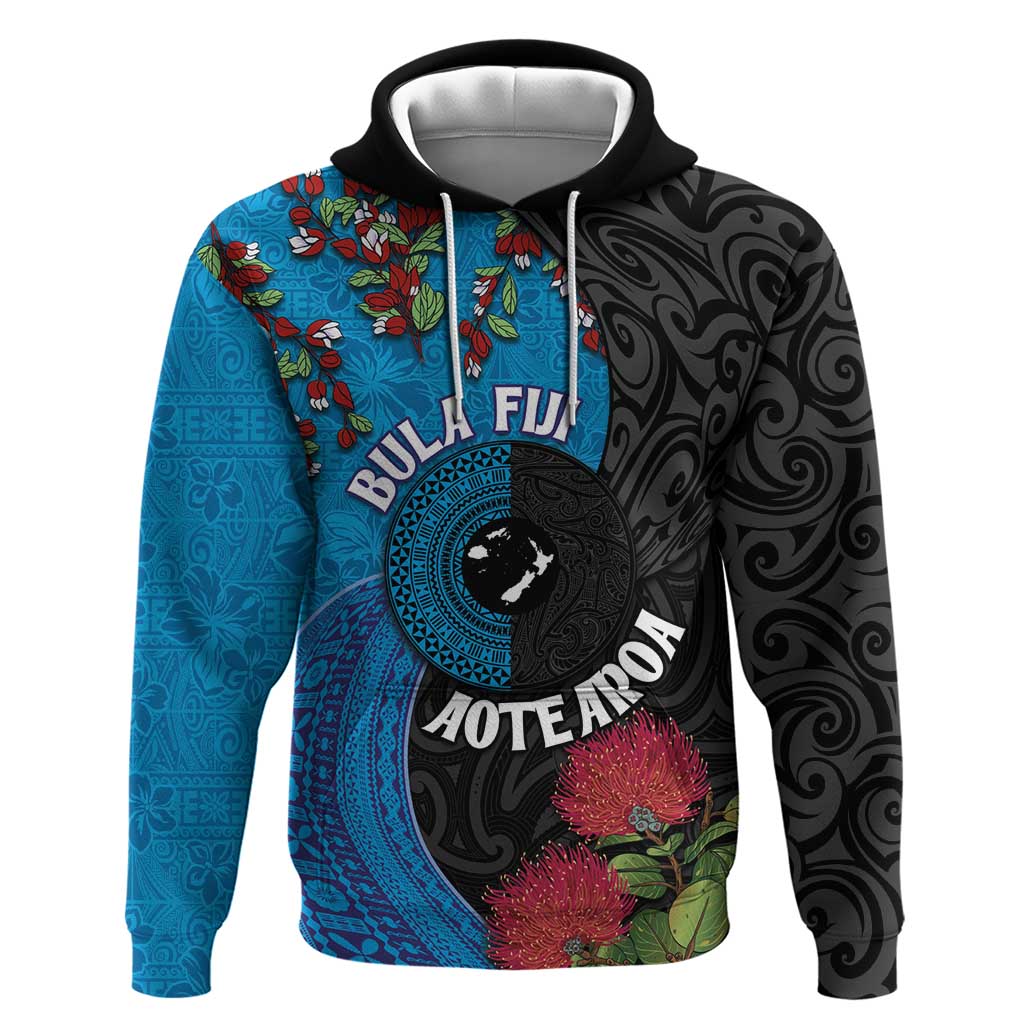Fiji and New Zealand Together Hoodie Tapa Maori Tattoo mix Tagimoucia and Pohutukawa LT03 Pullover Hoodie Black - Polynesian Pride