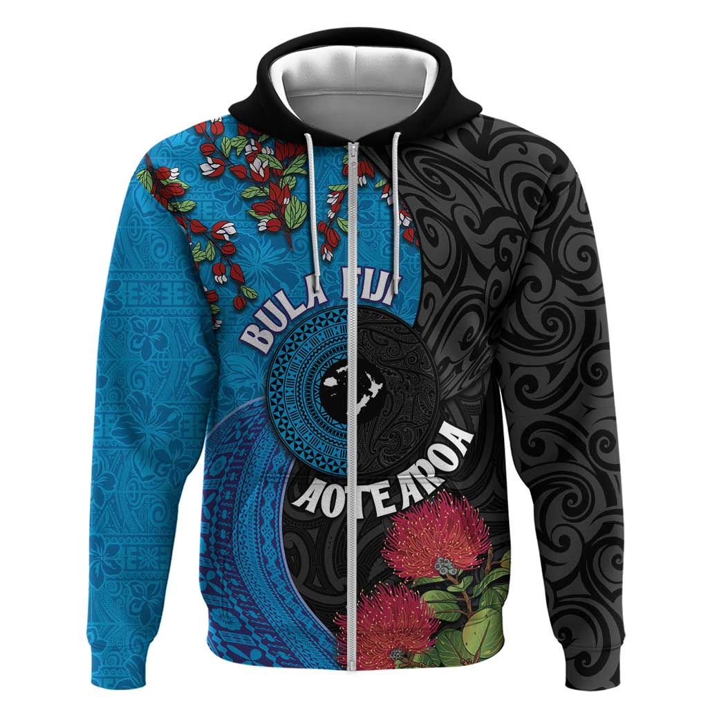Fiji and New Zealand Together Hoodie Tapa Maori Tattoo mix Tagimoucia and Pohutukawa LT03 Zip Hoodie Black - Polynesian Pride