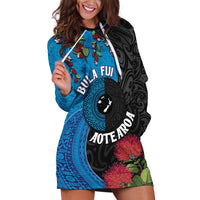 Fiji and New Zealand Together Hoodie Dress Tapa Maori Tattoo mix Tagimoucia and Pohutukawa LT03 Black - Polynesian Pride