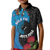 Fiji and New Zealand Together Kid Polo Shirt Tapa Maori Tattoo mix Tagimoucia and Pohutukawa LT03 Kid Black - Polynesian Pride