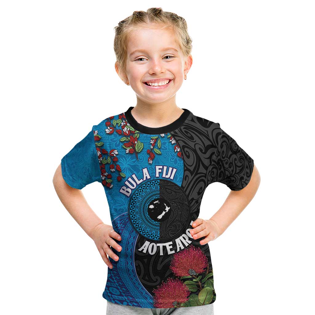 Fiji and New Zealand Together Kid T Shirt Tapa Maori Tattoo mix Tagimoucia and Pohutukawa LT03 Black - Polynesian Pride