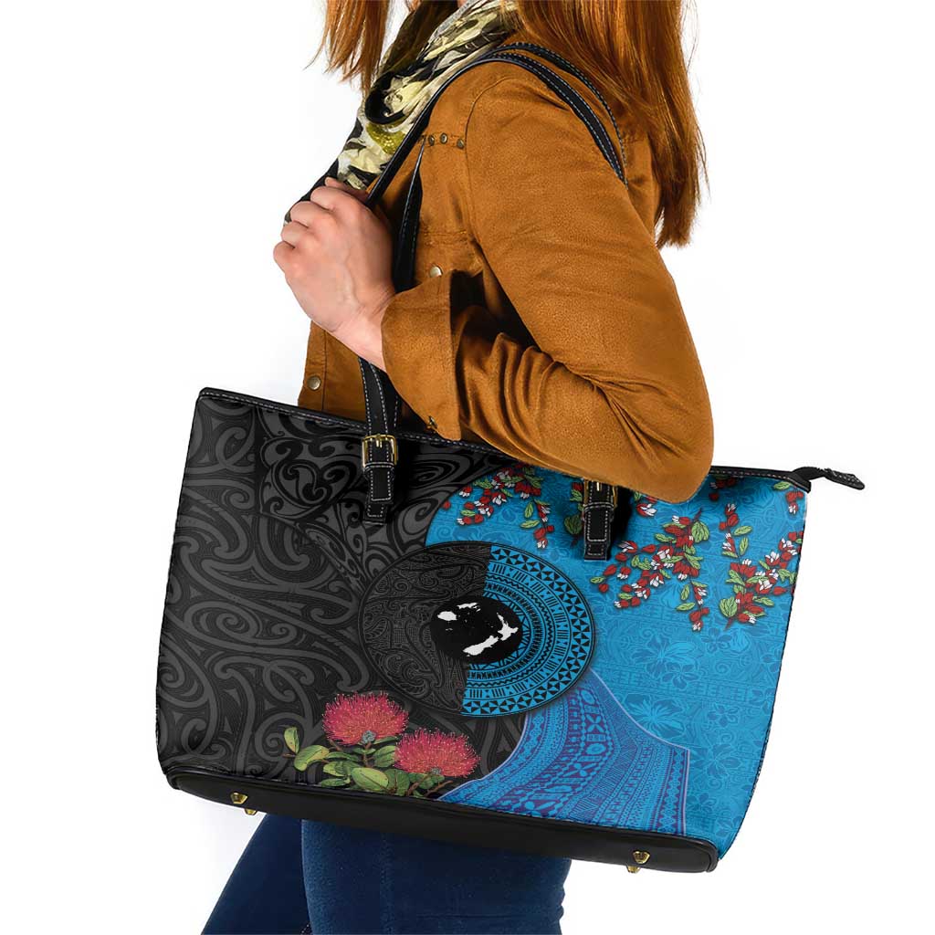 Fiji and New Zealand Together Leather Tote Bag Tapa Maori Tattoo mix Tagimoucia and Pohutukawa LT03 Black - Polynesian Pride