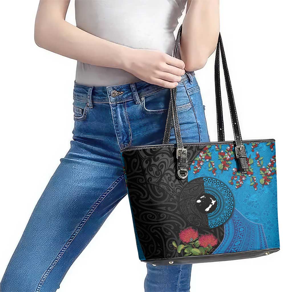Fiji and New Zealand Together Leather Tote Bag Tapa Maori Tattoo mix Tagimoucia and Pohutukawa LT03 - Polynesian Pride
