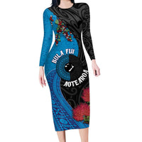 Fiji and New Zealand Together Long Sleeve Bodycon Dress Tapa Maori Tattoo mix Tagimoucia and Pohutukawa LT03 Long Dress Black - Polynesian Pride