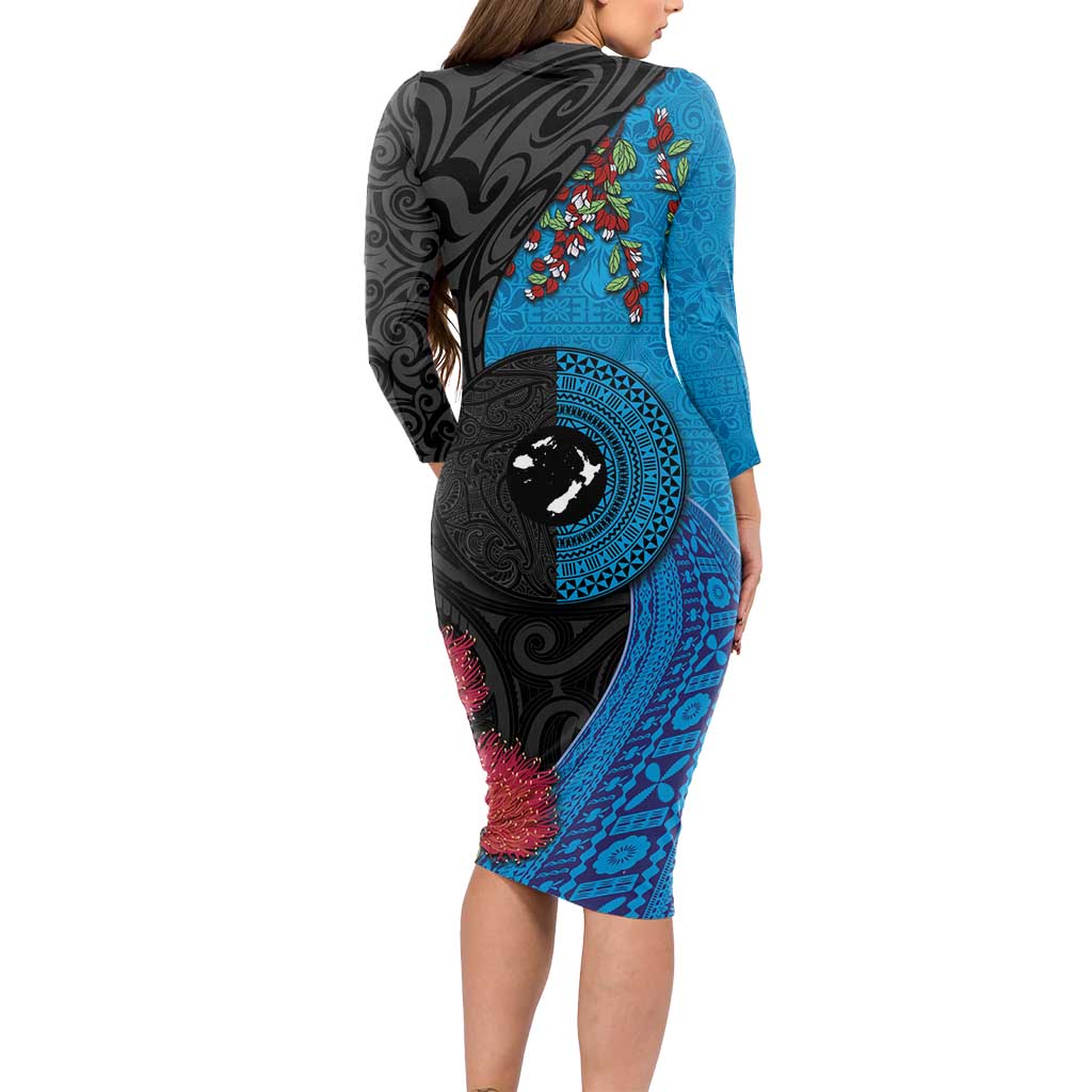 Fiji and New Zealand Together Long Sleeve Bodycon Dress Tapa Maori Tattoo mix Tagimoucia and Pohutukawa LT03 - Polynesian Pride