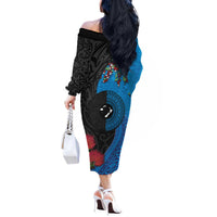 Fiji and New Zealand Together Off The Shoulder Long Sleeve Dress Tapa Maori Tattoo mix Tagimoucia and Pohutukawa LT03 - Polynesian Pride