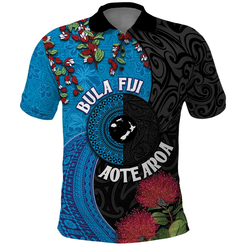 Fiji and New Zealand Together Polo Shirt Tapa Maori Tattoo mix Tagimoucia and Pohutukawa LT03 Black - Polynesian Pride