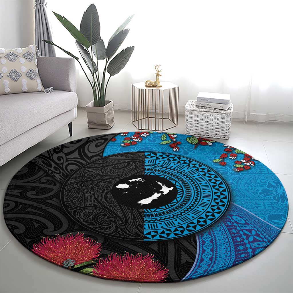 Fiji and New Zealand Together Round Carpet Tapa Maori Tattoo mix Tagimoucia and Pohutukawa LT03 - Polynesian Pride