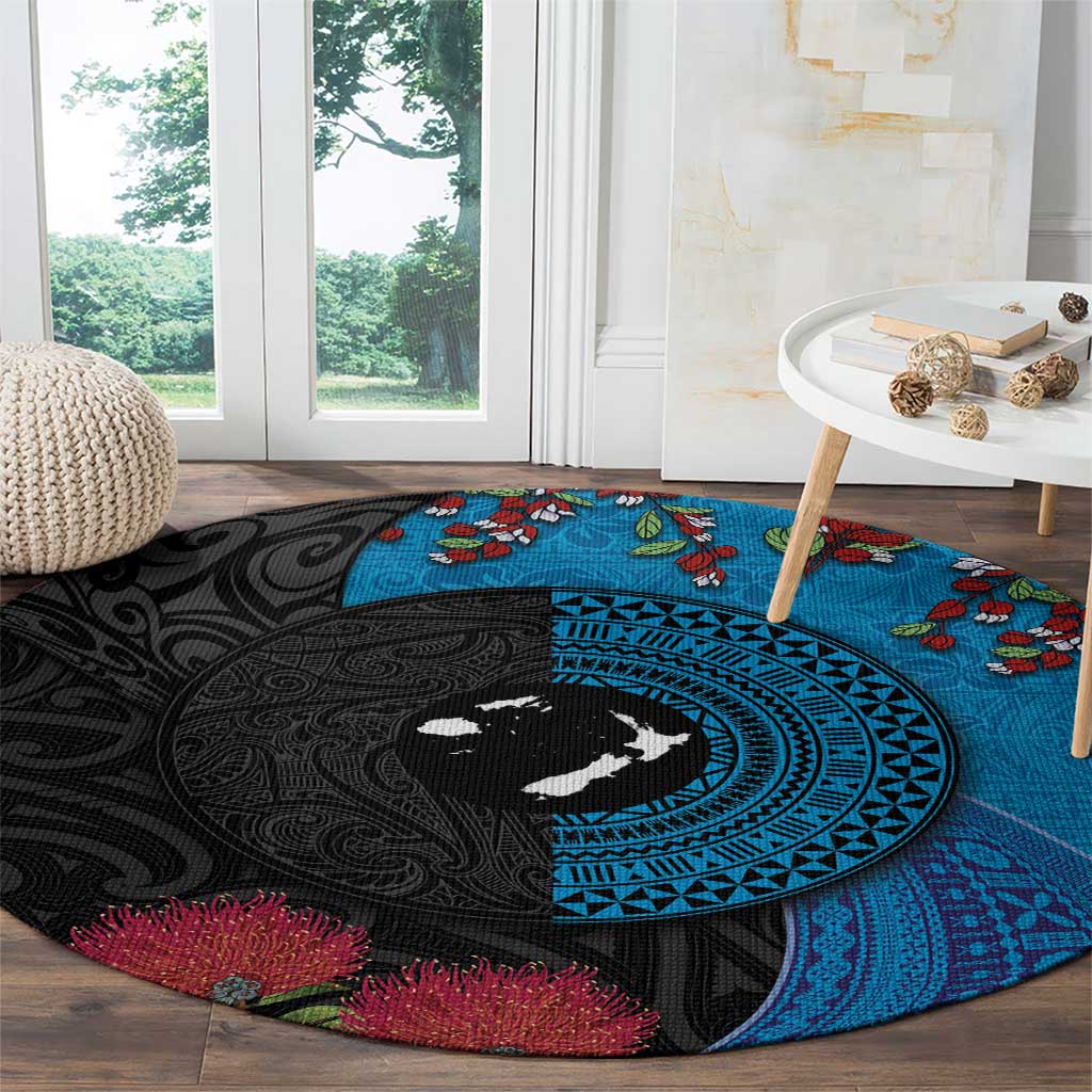 Fiji and New Zealand Together Round Carpet Tapa Maori Tattoo mix Tagimoucia and Pohutukawa LT03 - Polynesian Pride