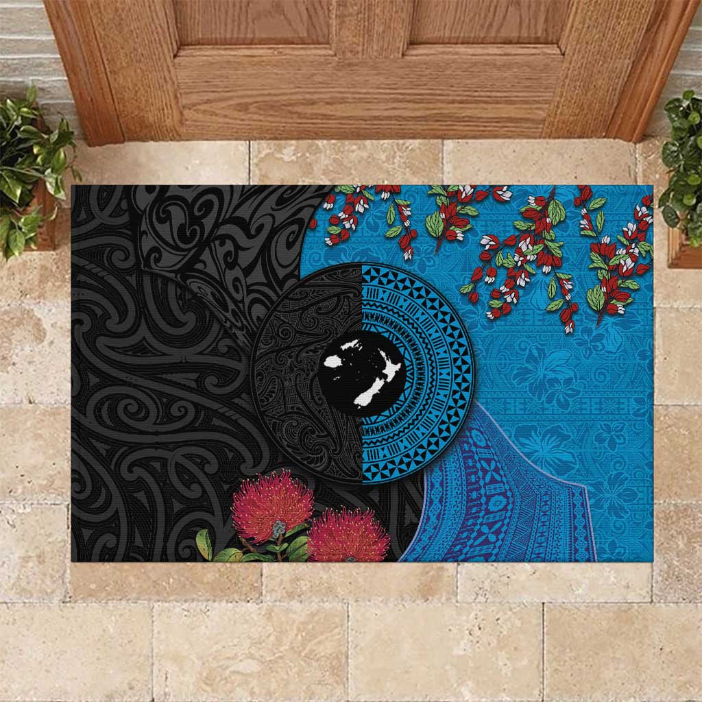 Fiji and New Zealand Together Rubber Doormat Tapa Maori Tattoo mix Tagimoucia and Pohutukawa LT03 Black - Polynesian Pride