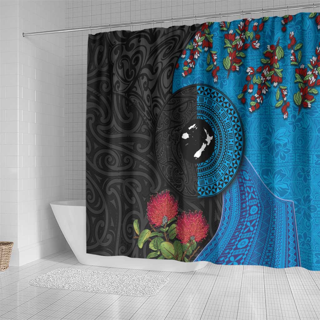 Fiji and New Zealand Together Shower Curtain Tapa Maori Tattoo mix Tagimoucia and Pohutukawa LT03 - Polynesian Pride