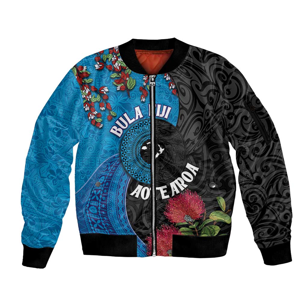 Fiji and New Zealand Together Sleeve Zip Bomber Jacket Tapa Maori Tattoo mix Tagimoucia and Pohutukawa LT03 Unisex Black - Polynesian Pride
