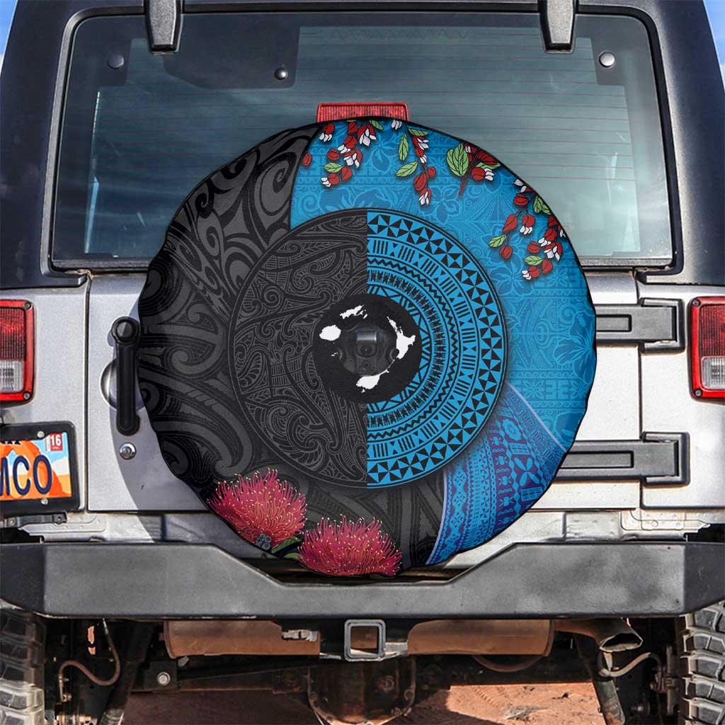 Fiji and New Zealand Together Spare Tire Cover Tapa Maori Tattoo mix Tagimoucia and Pohutukawa LT03 Black - Polynesian Pride
