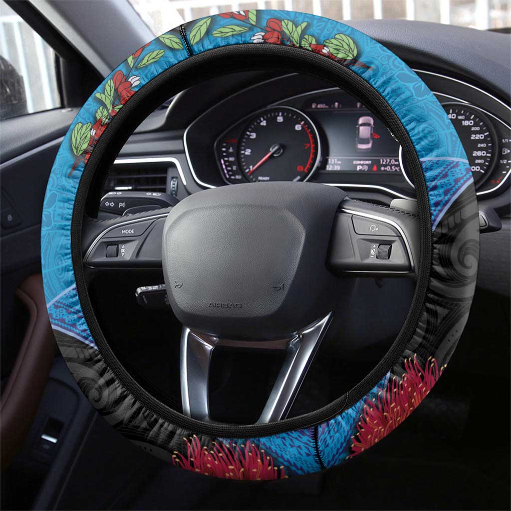 Fiji and New Zealand Together Steering Wheel Cover Tapa Maori Tattoo mix Tagimoucia and Pohutukawa LT03 - Polynesian Pride
