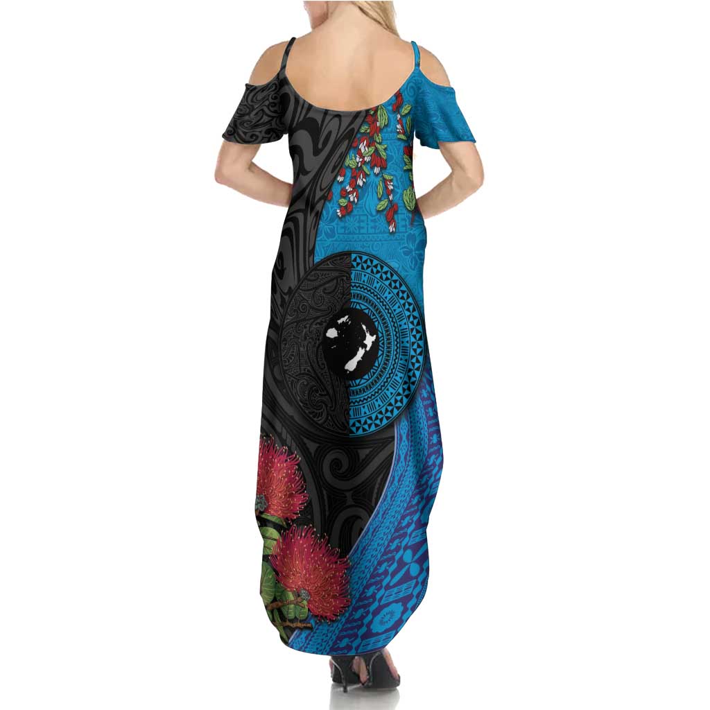 Fiji and New Zealand Together Summer Maxi Dress Tapa Maori Tattoo mix Tagimoucia and Pohutukawa LT03 - Polynesian Pride