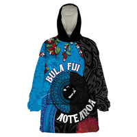 Fiji and New Zealand Together Wearable Blanket Hoodie Tapa Maori Tattoo mix Tagimoucia and Pohutukawa LT03 One Size Black - Polynesian Pride