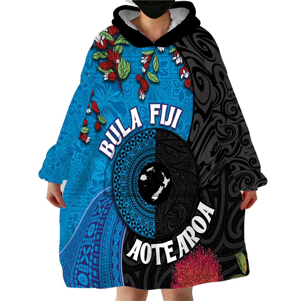 Fiji and New Zealand Together Wearable Blanket Hoodie Tapa Maori Tattoo mix Tagimoucia and Pohutukawa LT03 - Polynesian Pride
