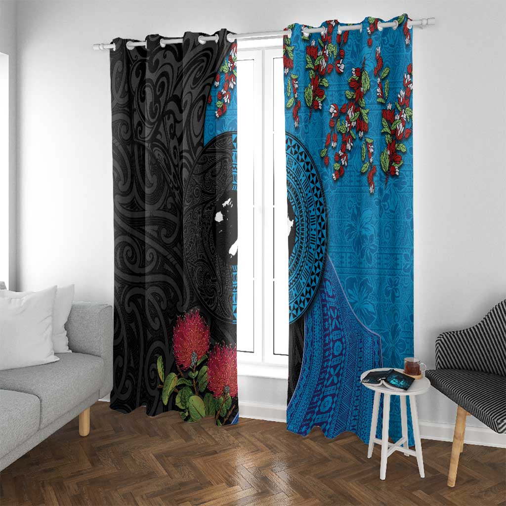 Fiji and New Zealand Together Window Curtain Tapa Maori Tattoo mix Tagimoucia and Pohutukawa LT03 With Grommets Black - Polynesian Pride