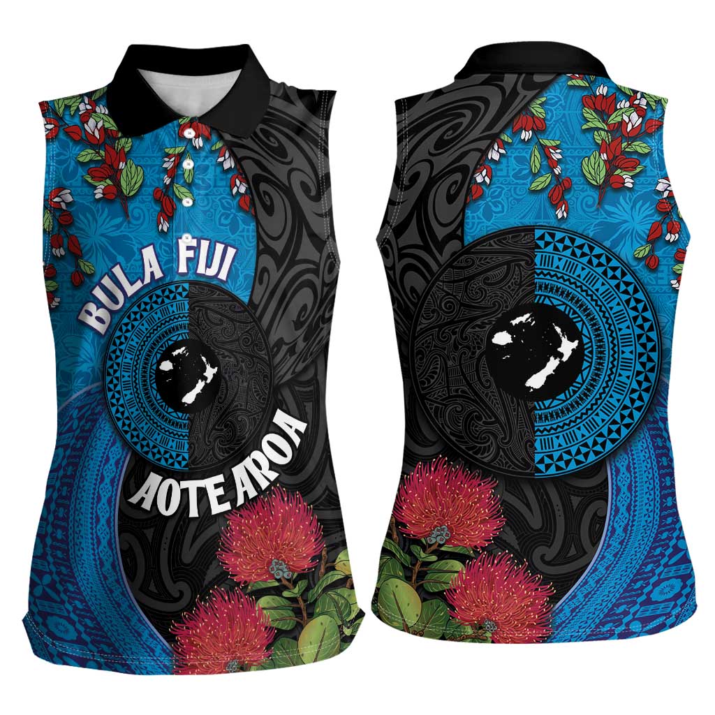 Fiji and New Zealand Together Women Sleeveless Polo Shirt Tapa Maori Tattoo mix Tagimoucia and Pohutukawa LT03 - Polynesian Pride