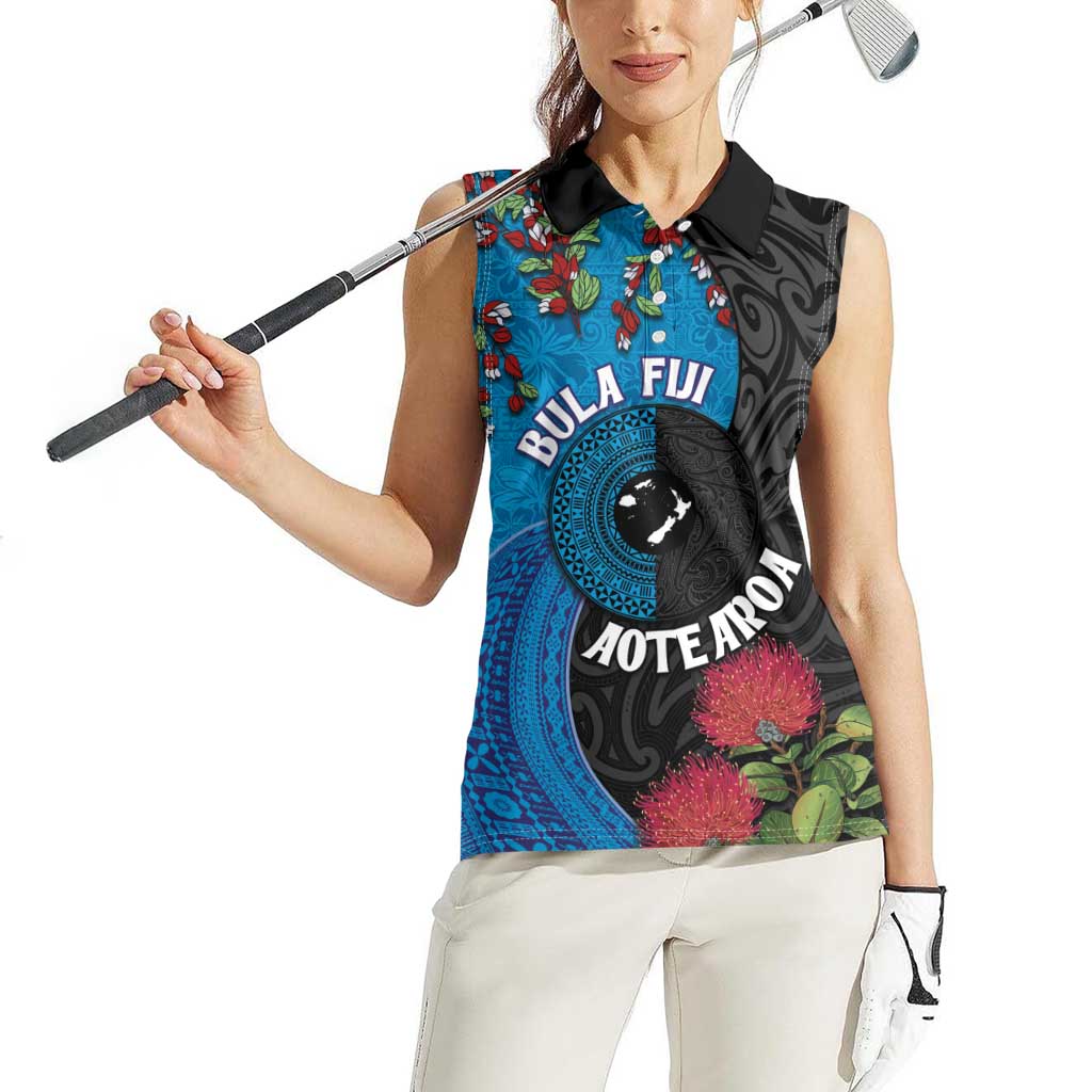 Fiji and New Zealand Together Women Sleeveless Polo Shirt Tapa Maori Tattoo mix Tagimoucia and Pohutukawa LT03 - Polynesian Pride
