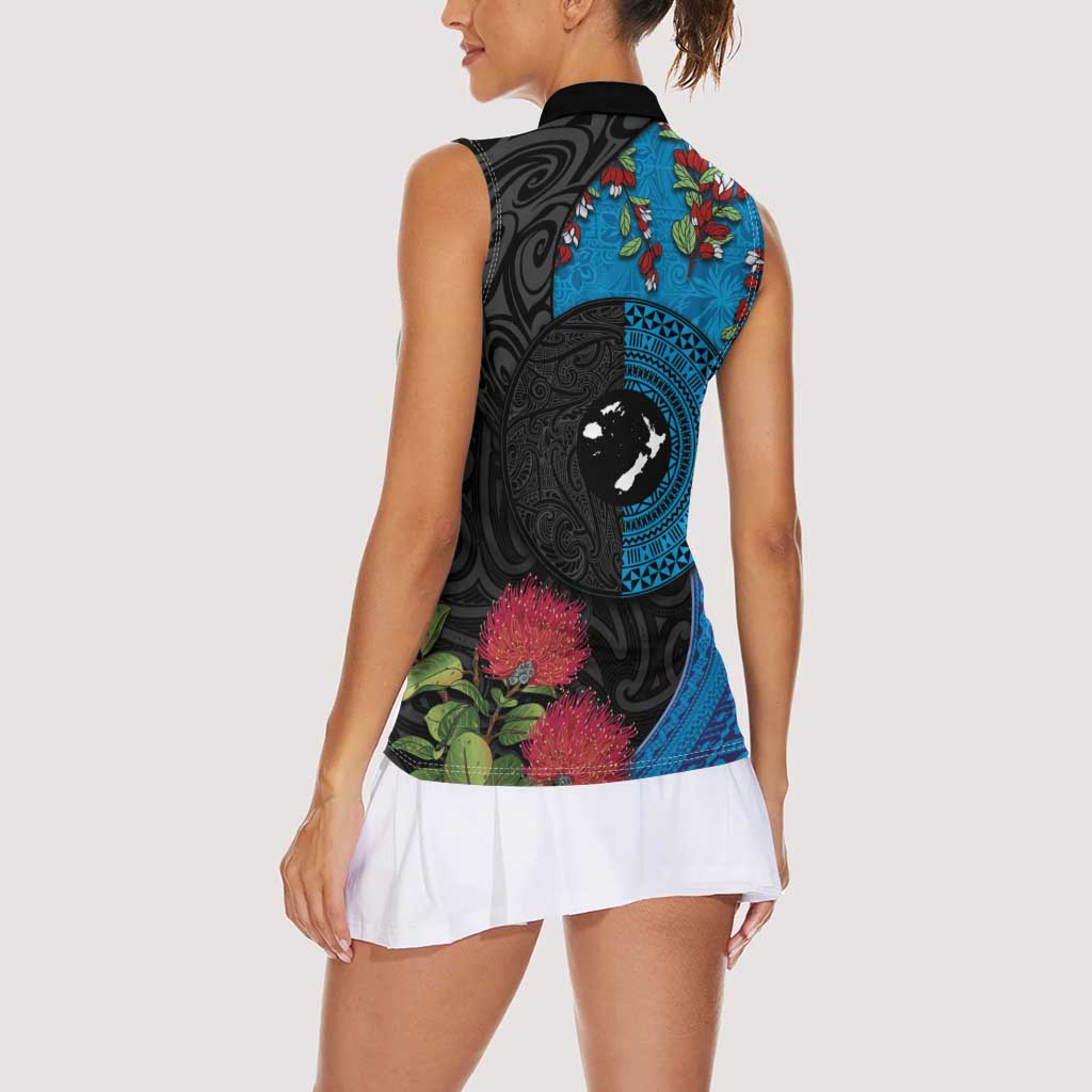 Fiji and New Zealand Together Women Sleeveless Polo Shirt Tapa Maori Tattoo mix Tagimoucia and Pohutukawa LT03 - Polynesian Pride