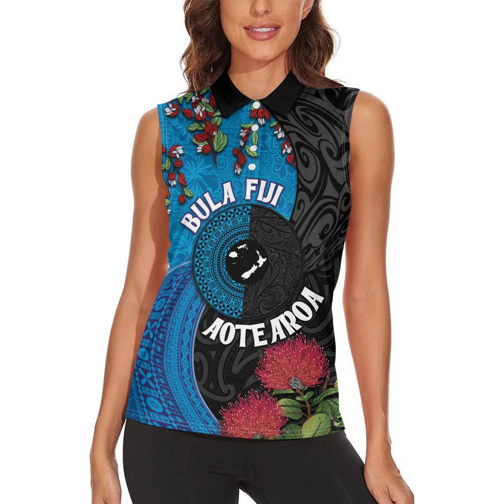 Fiji and New Zealand Together Women Sleeveless Polo Shirt Tapa Maori Tattoo mix Tagimoucia and Pohutukawa LT03 - Polynesian Pride