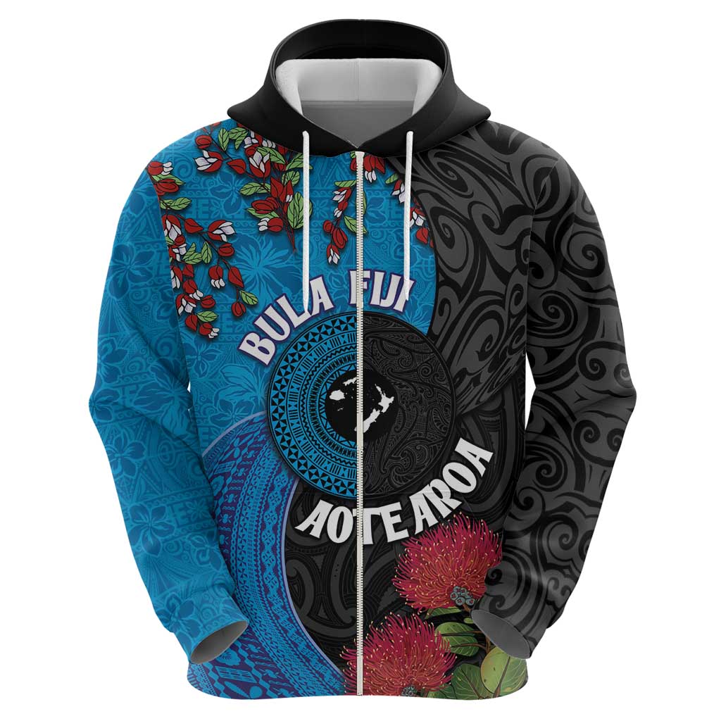 Fiji and New Zealand Together Zip Hoodie Tapa Maori Tattoo mix Tagimoucia and Pohutukawa LT03 - Polynesian Pride