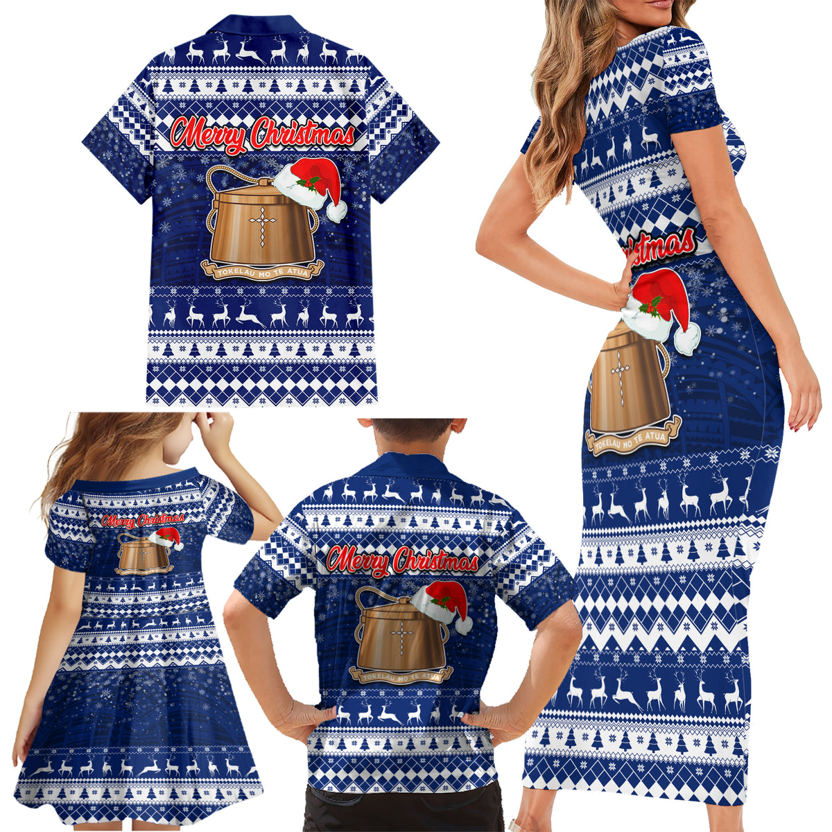 Tokelau Christmas Family Matching Short Sleeve Bodycon Dress and Hawaiian Shirt Santa Claus Tokelau Flag and Coat of Arms with Polynesian Pattern LT03 - Polynesian Pride