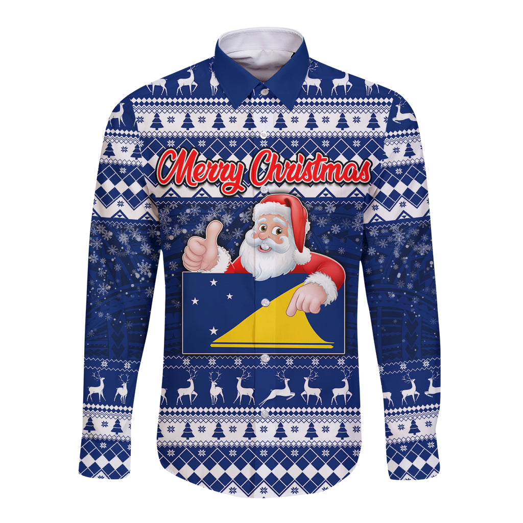 Tokelau Christmas Long Sleeve Button Shirt Santa Claus Tokelau Flag and Coat of Arms with Polynesian Pattern LT03 Unisex Blue - Polynesian Pride