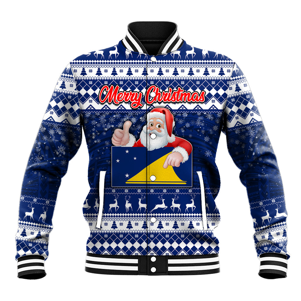 Personalised Tokelau Christmas Baseball Jacket Santa Claus Tokelau Flag and Coat of Arms with Polynesian Pattern LT03 Unisex Blue - Polynesian Pride