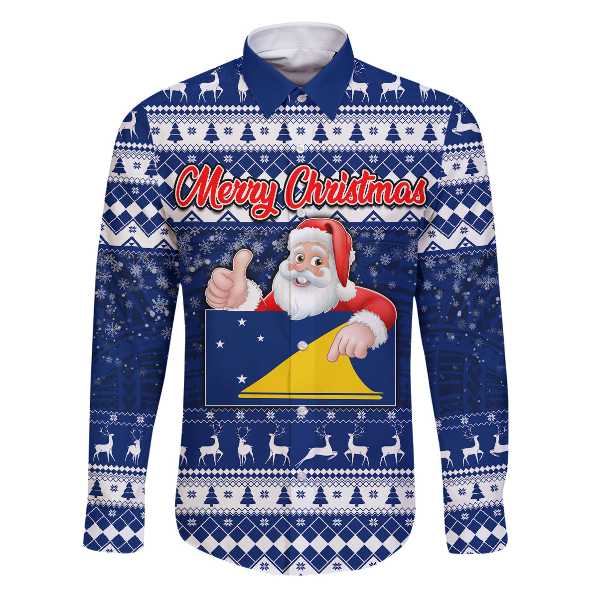 Personalised Tokelau Christmas Family Matching Puletasi Dress and Hawaiian Shirt Santa Claus Tokelau Flag and Coat of Arms with Polynesian Pattern LT03 Dad's Shirt - Long Sleeve Blue - Polynesian Pride