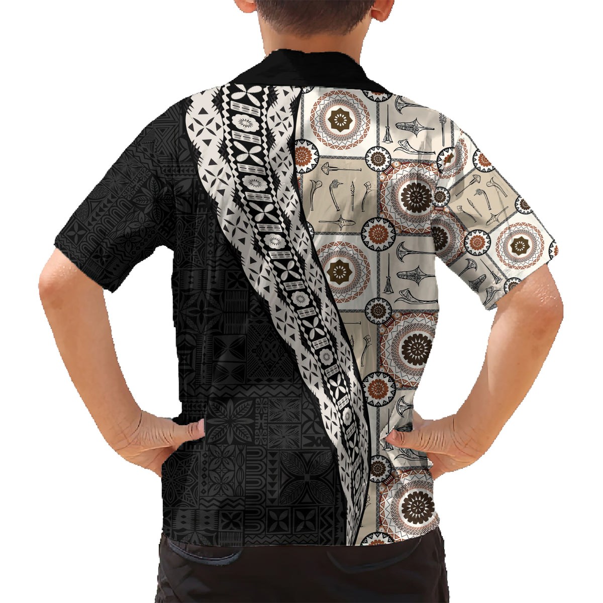 Tukenny Pattern Fijian War Clubs Mix Tapa Tribal Family Matching Short Sleeve Bodycon Dress and Hawaiian Shirt LT03 - Polynesian Pride