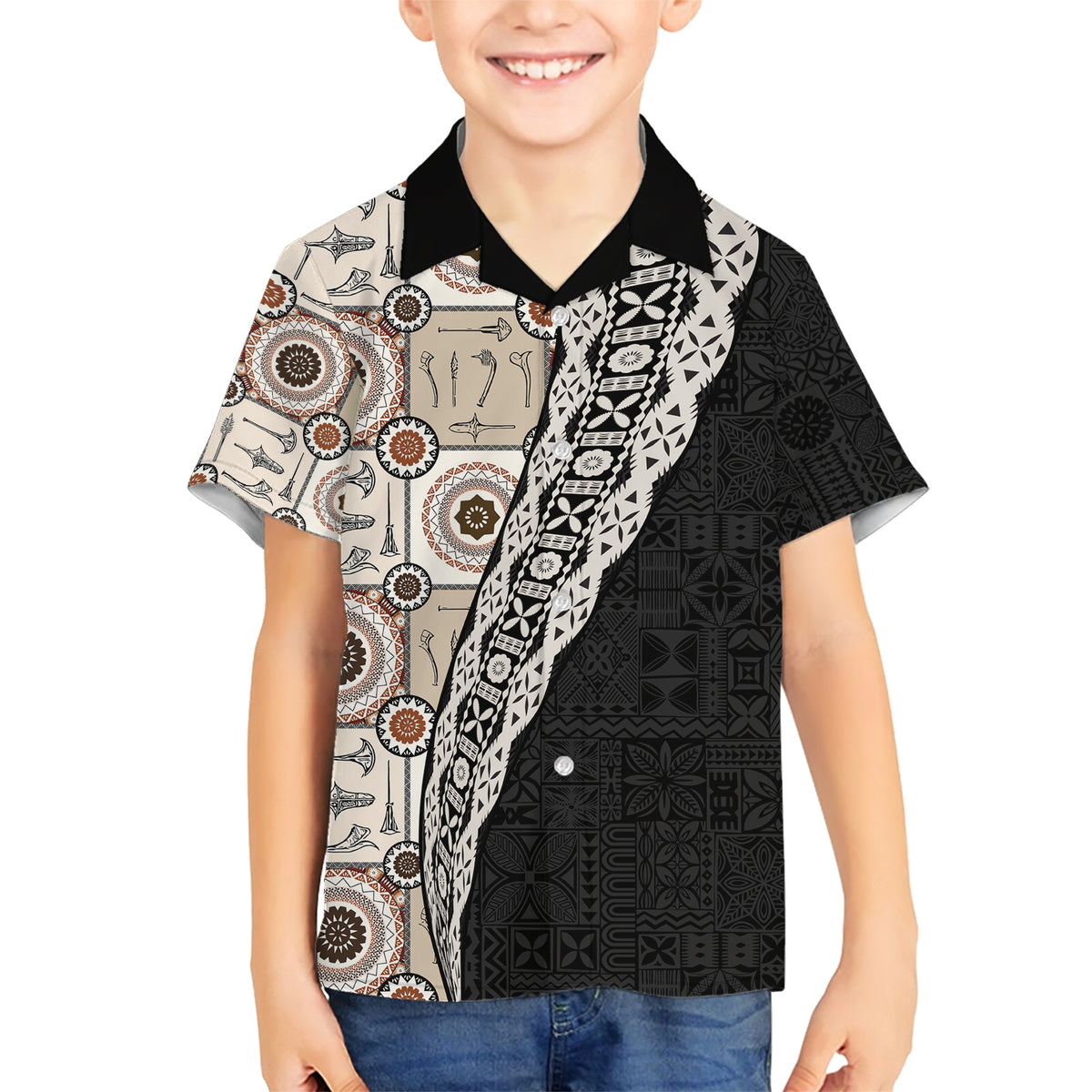 Tukenny Pattern Fijian War Clubs Mix Tapa Tribal Family Matching Short Sleeve Bodycon Dress and Hawaiian Shirt LT03 Son's Shirt Beige - Polynesian Pride