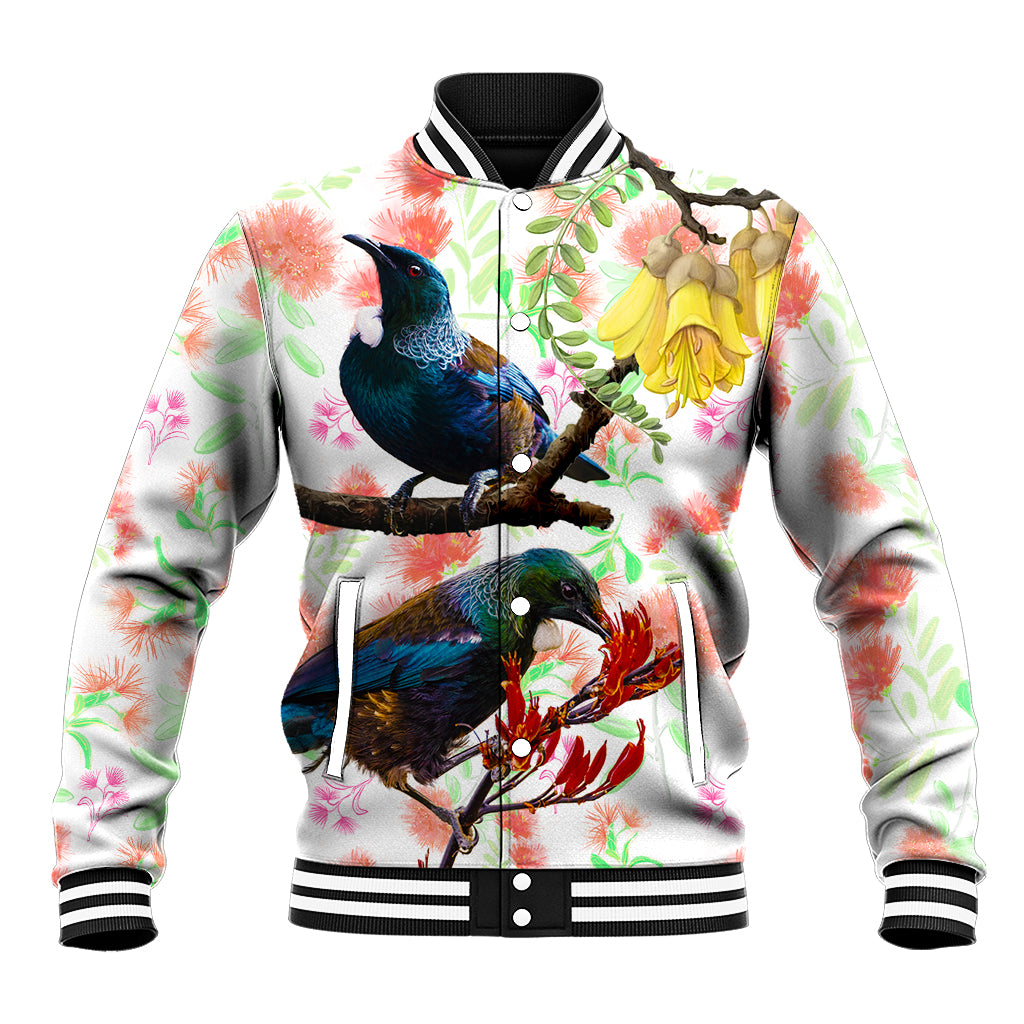 New Zealand Pohutukawa Tui Bird Baseball Jacket Kowhai Version LT03 Unisex White - Polynesian Pride