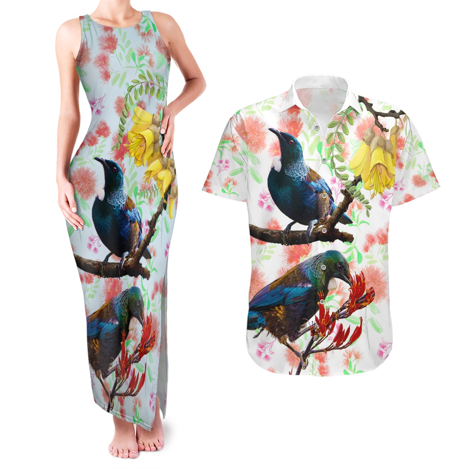 New Zealand Pohutukawa Tui Bird Couples Matching Tank Maxi Dress and Hawaiian Shirt Kowhai Version LT03 White - Polynesian Pride