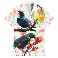New Zealand Pohutukawa Tui Bird Family Matching Tank Maxi Dress and Hawaiian Shirt Kowhai Version LT03 Dad's Shirt - Short Sleeve White - Polynesian Pride
