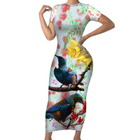 New Zealand Pohutukawa Tui Bird Short Sleeve Bodycon Dress Kowhai Version LT03 Long Dress White - Polynesian Pride