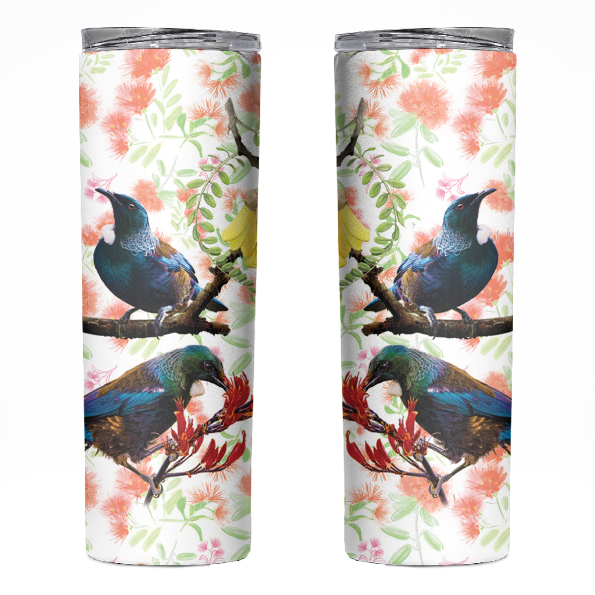 New Zealand Pohutukawa Tui Bird Skinny Tumbler Kowhai Version LT03 White - Polynesian Pride