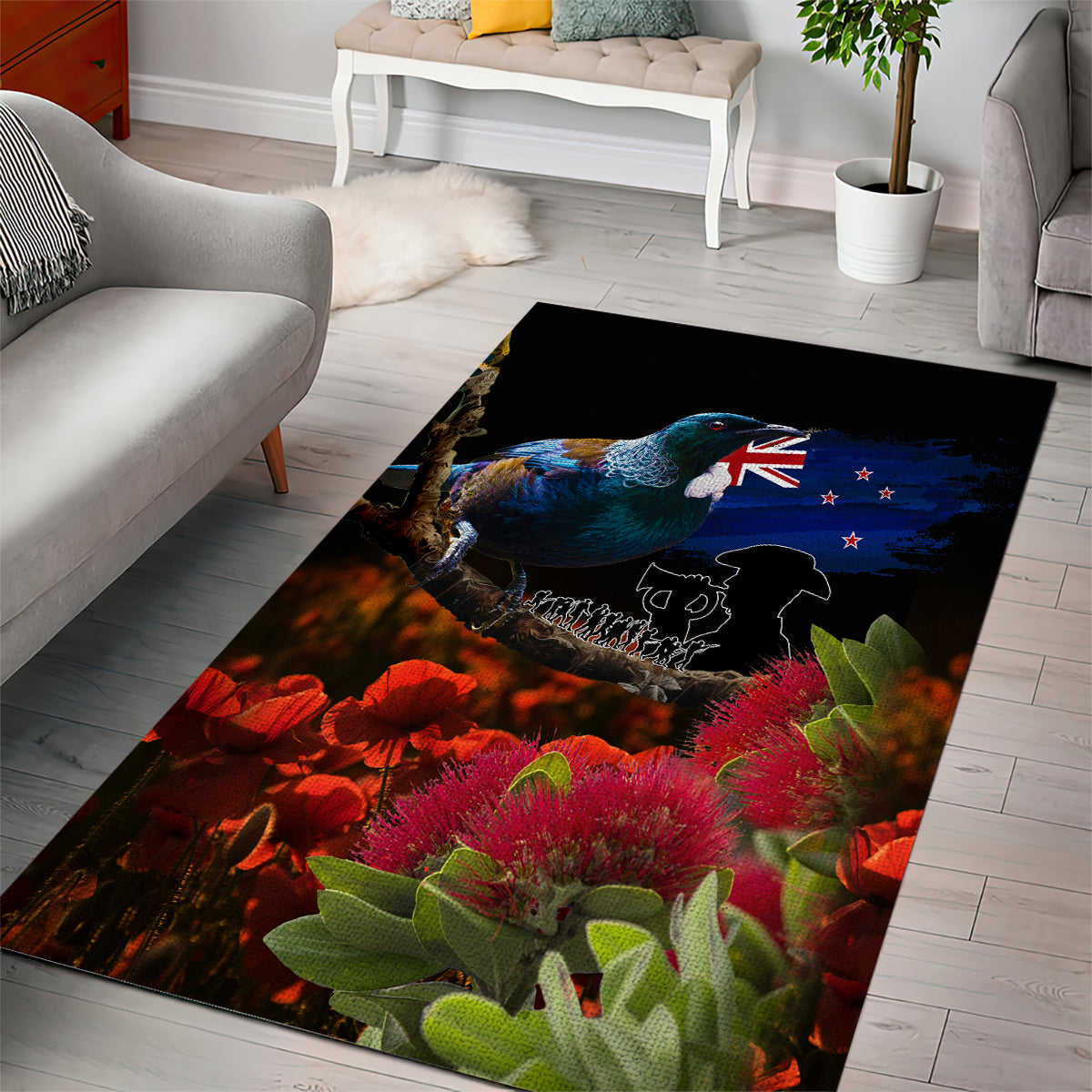 New Zealand ANZAC Day Area Rug Pohutukawa Flower and Tui Bird LT03 - Polynesian Pride