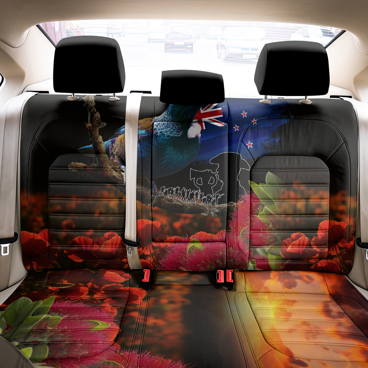 New Zealand ANZAC Day Back Car Seat Cover Pohutukawa Flower and Tui Bird LT03 - Polynesian Pride