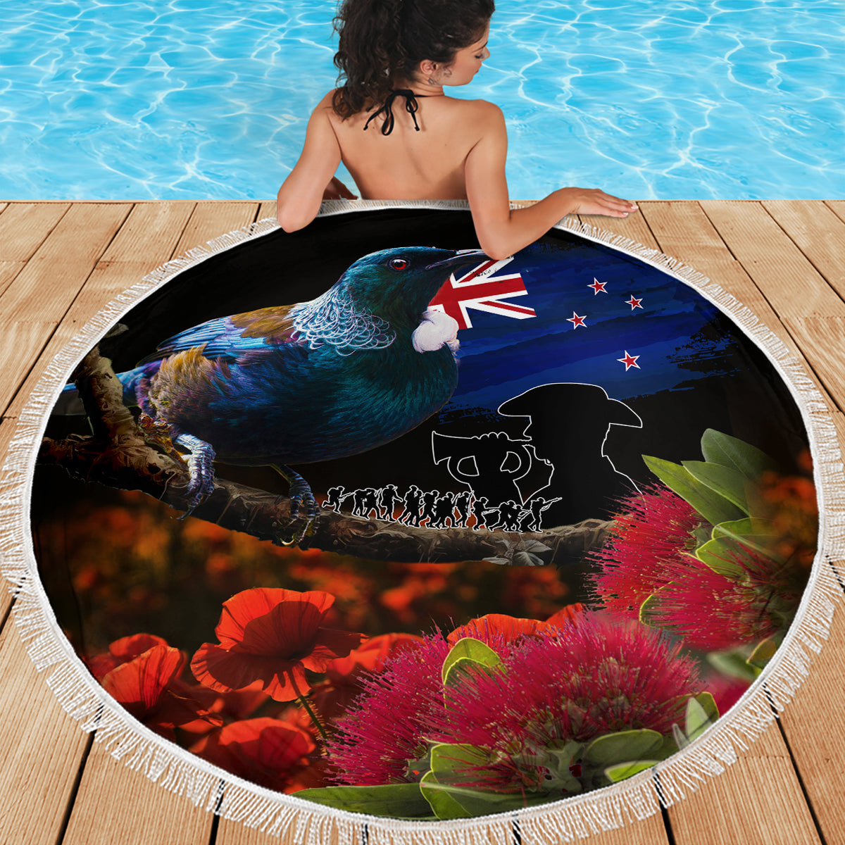 New Zealand ANZAC Day Beach Blanket Pohutukawa Flower and Tui Bird LT03 - Polynesian Pride
