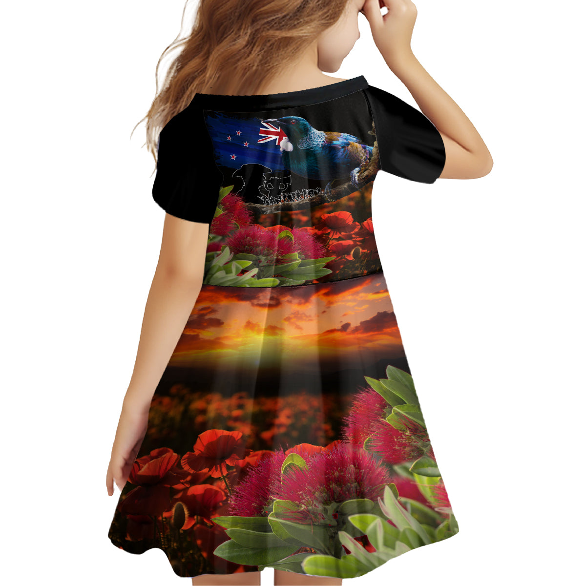 New Zealand ANZAC Day Family Matching Off Shoulder Short Dress and Hawaiian Shirt Pohutukawa Flower and Tui Bird LT03 - Polynesian Pride