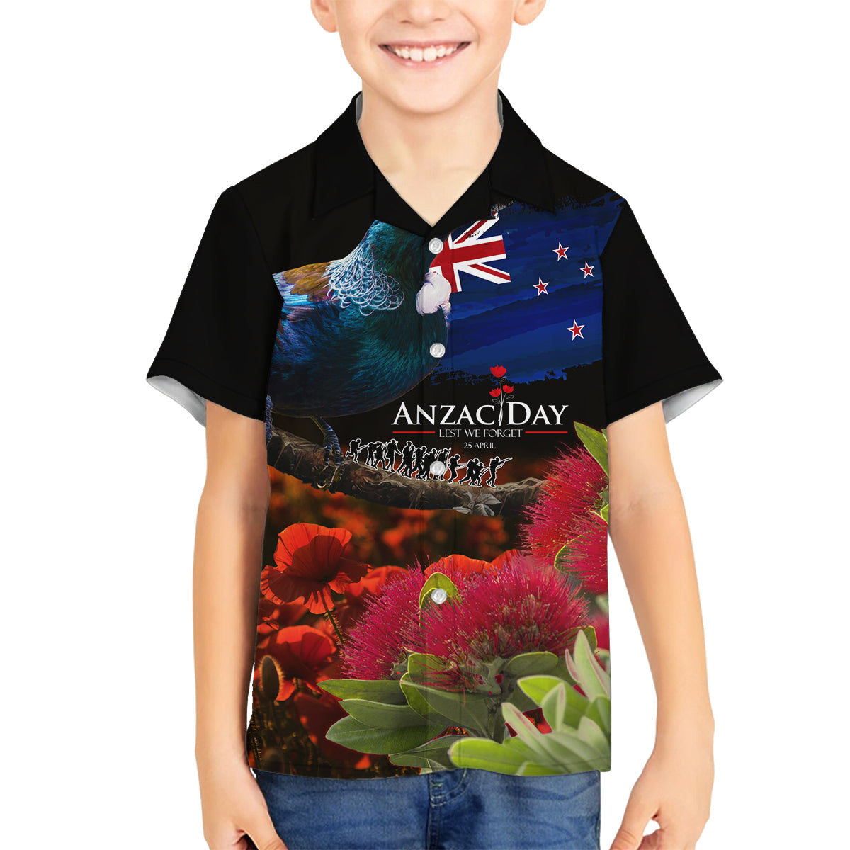 New Zealand ANZAC Day Family Matching Off Shoulder Short Dress and Hawaiian Shirt Pohutukawa Flower and Tui Bird LT03 Son's Shirt Black - Polynesian Pride