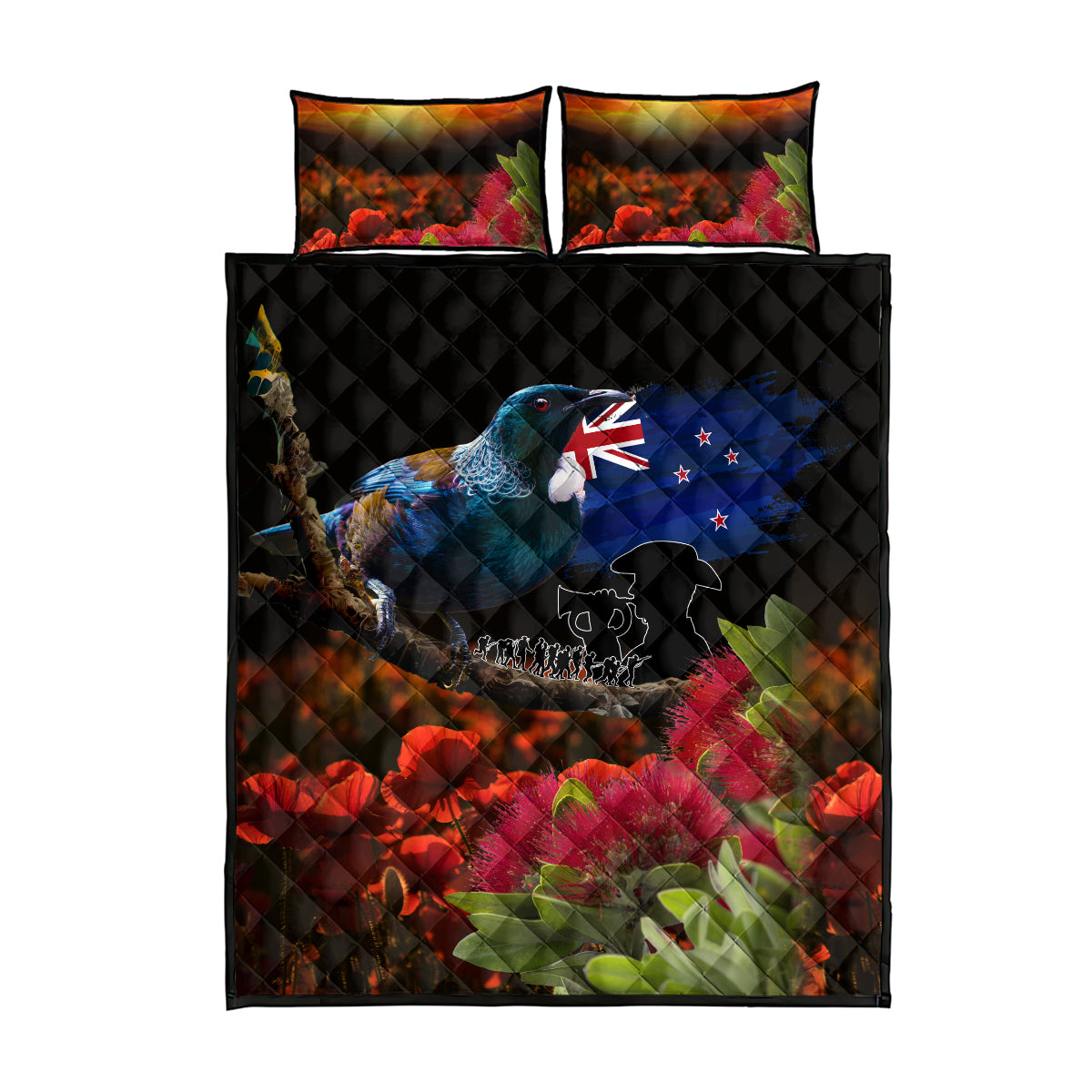 New Zealand ANZAC Day Quilt Bed Set Pohutukawa Flower and Tui Bird LT03 - Polynesian Pride