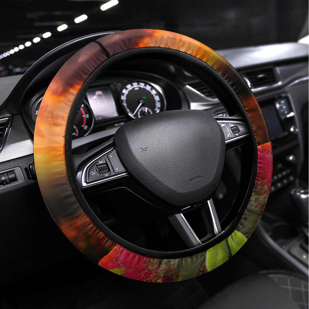 New Zealand ANZAC Day Steering Wheel Cover Pohutukawa Flower and Tui Bird LT03 Universal Fit Black - Polynesian Pride