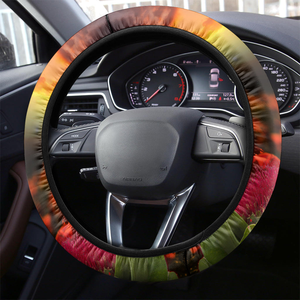 New Zealand ANZAC Day Steering Wheel Cover Pohutukawa Flower and Tui Bird LT03 - Polynesian Pride